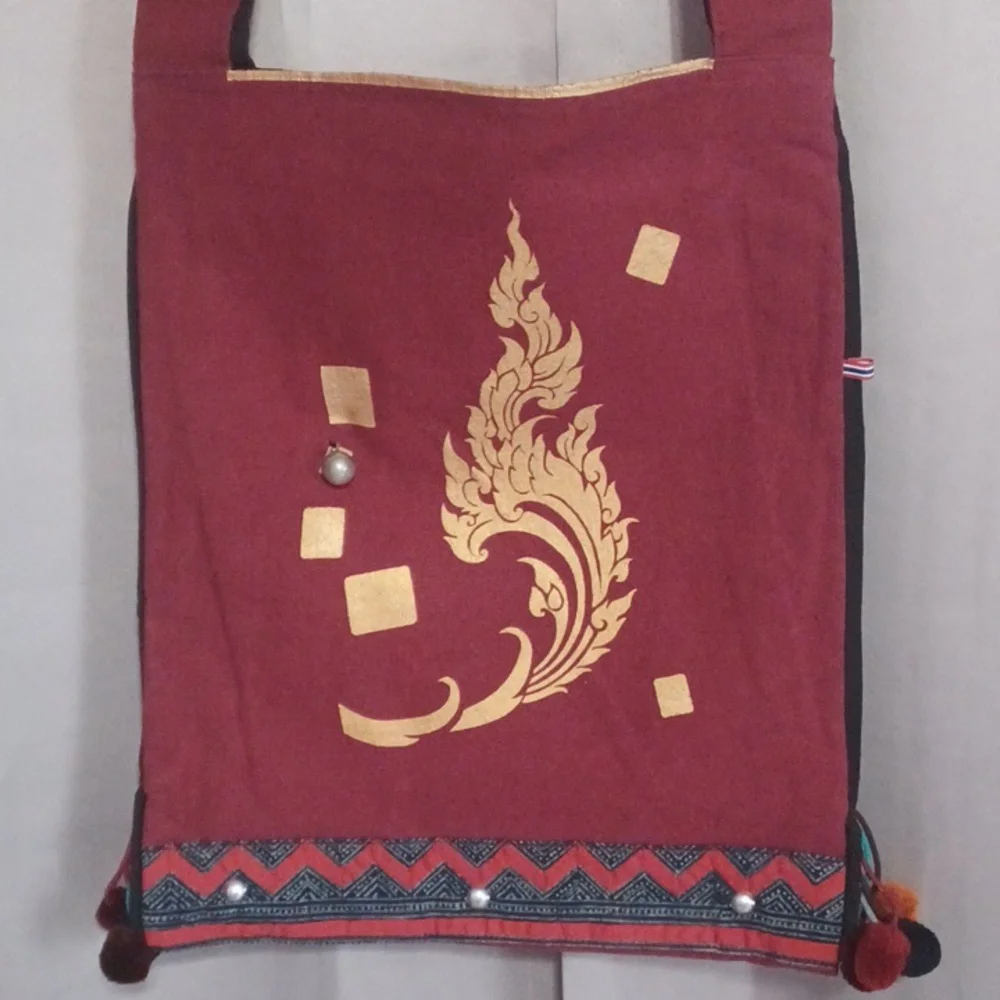 Boho Burgundy Flame Motif Textile Shoulder Bag, Festival